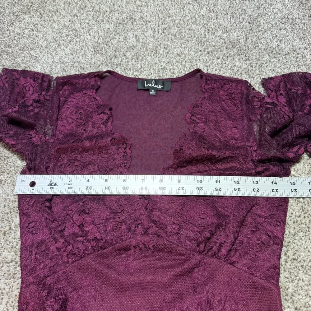 Lulu's All About That Lace Burgundy Long Sleeve Bodysuit Sexy Deep V Neck size S
